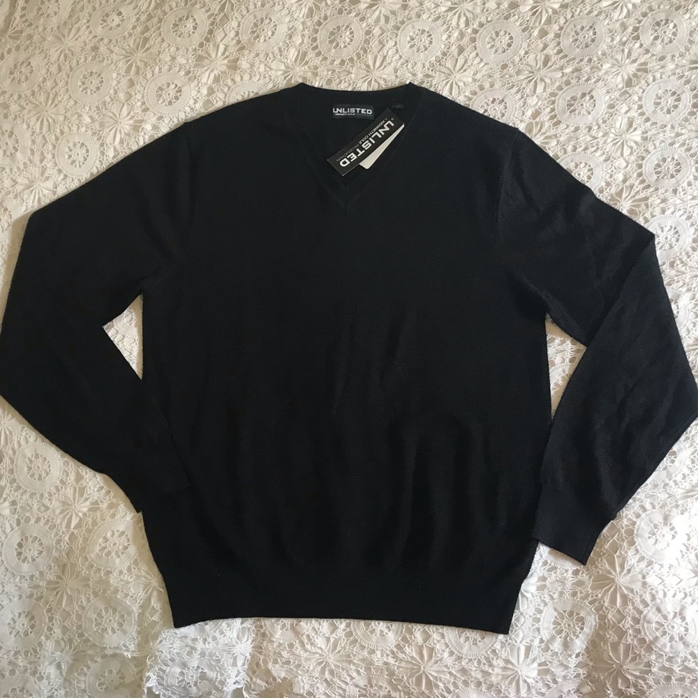 NWT - Kenneth Cole Black Merino Wool V-Neck Sweater - Size Large
